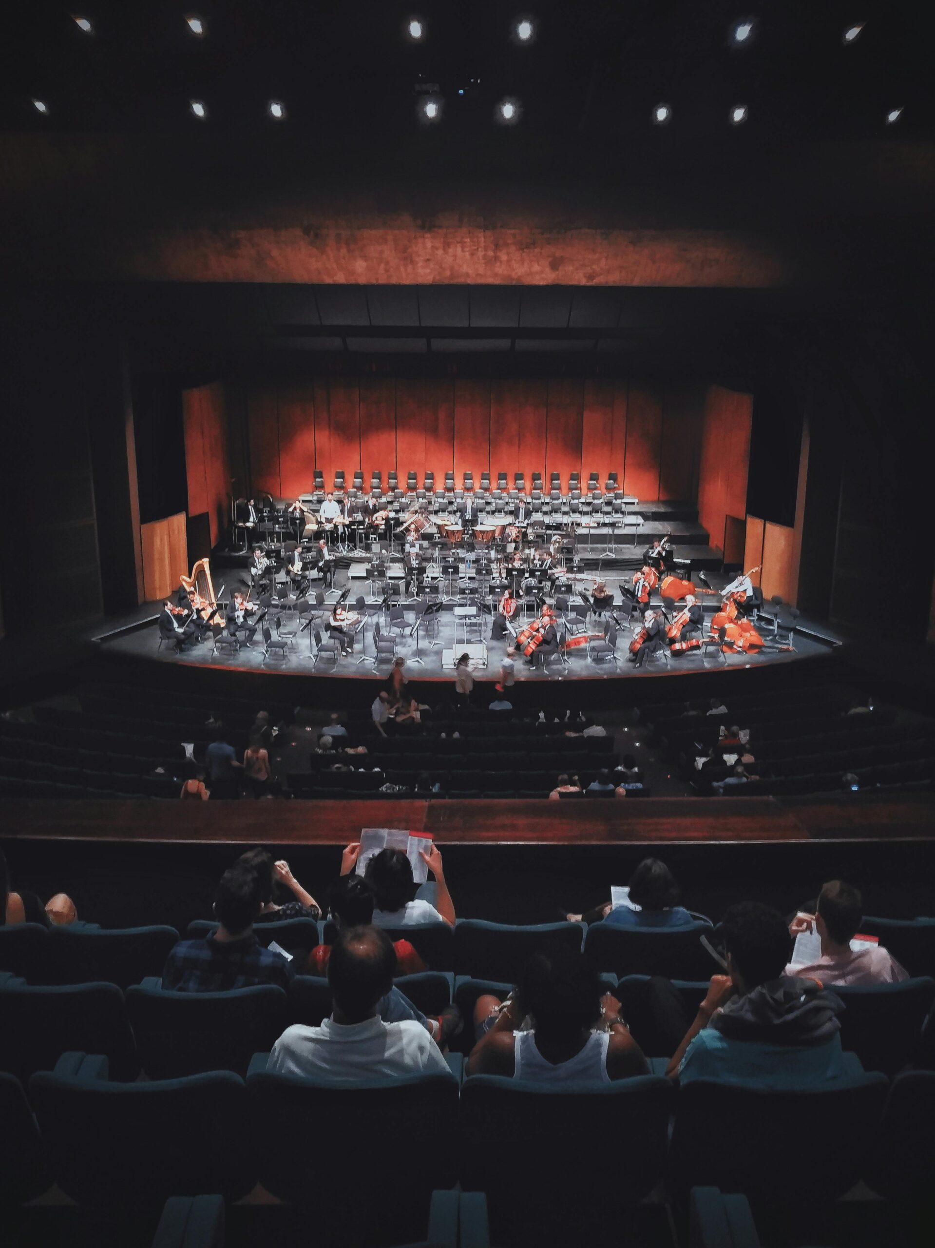 Capture of a live orchestra setup in an indoor concert hall with audience seated.